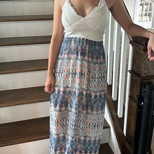 Elegant Blue and White Patterned Maxi Skirt